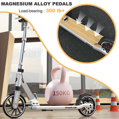 CUIOT Scooter for Kids 8-12, Teens and Adults, Folding Kick Scooter with Adjustable Height, 8IN Big Wheels Scooters W/Anti-Shock Suspension, Up to 300 Lbs, Bearing ABEC9 (Silver)