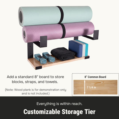 RoakyRoasy Yoga Mat Holder with Protective Padding Wall Mount Steel Storage Rack, 2 Tier Adjustable Width Hanger for up to 4 Foam Rollers, Easy Installation