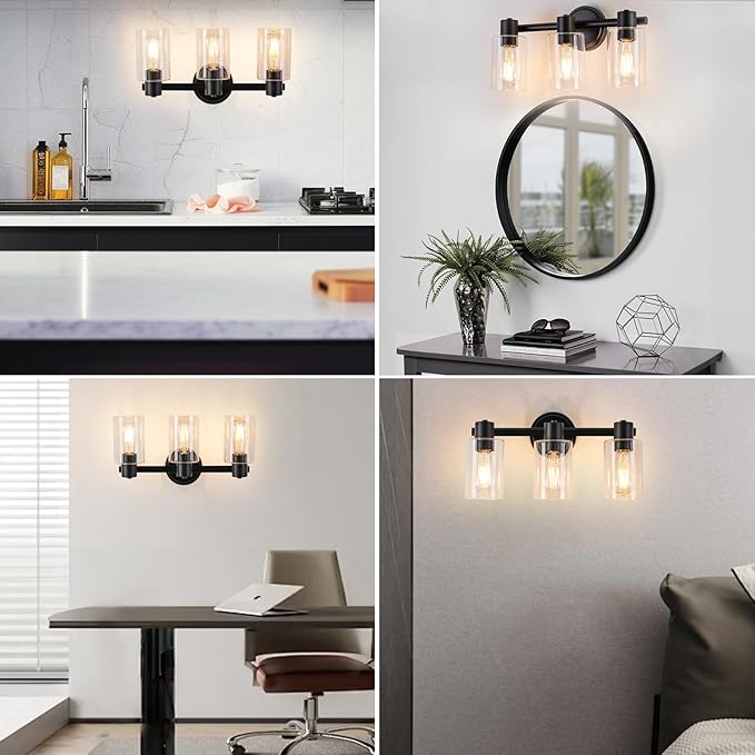 3 Light Bathroom Wall Light Fixtures Black Bathroom Wall Sconce with Clear Glass Lights Over Mirror Vanity Lights E26 Base