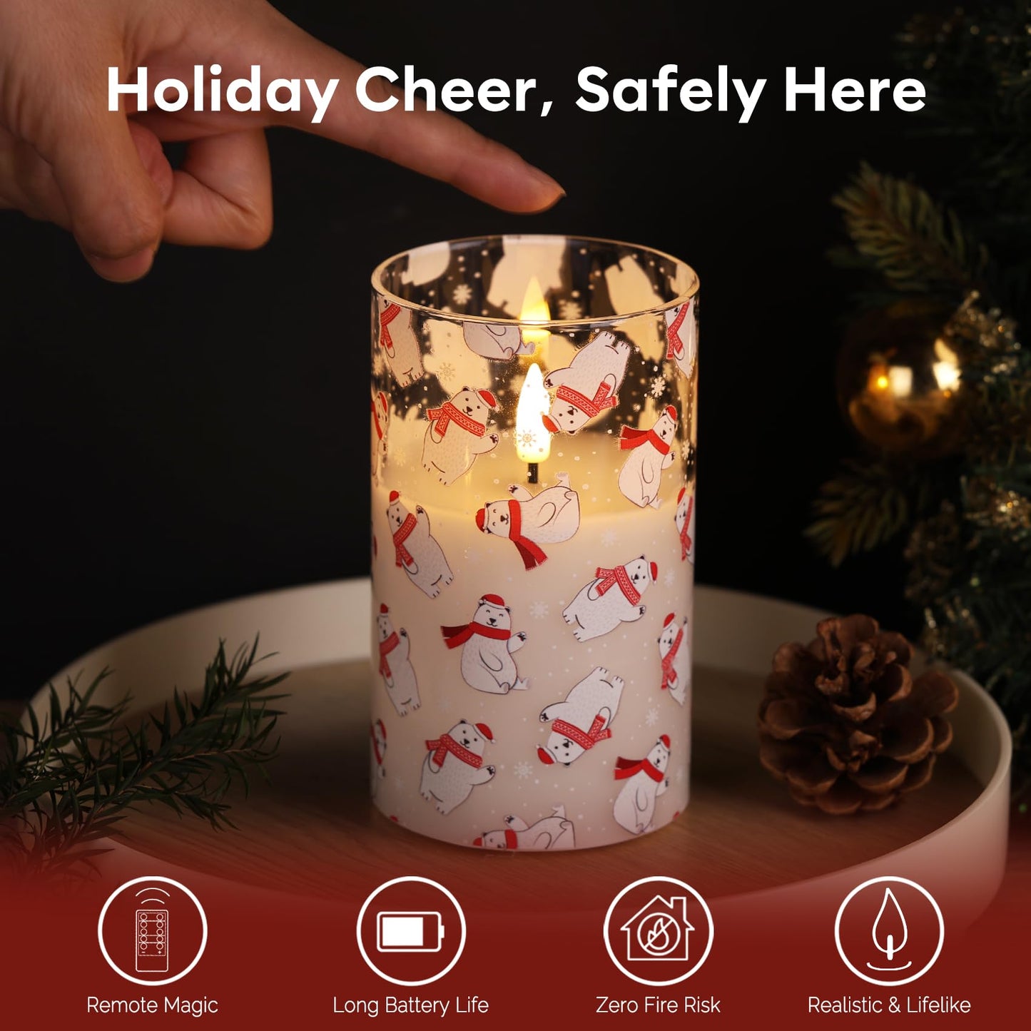 Eywamage Christmas Glass Flameless Pillar Candles with Remote, Flickering LED Battery Candles Bear Holiday Winter Table Decor Gift Set of 3