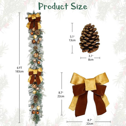 Christmas Garland for Front Door, 6 Foot Artificial Unlit Winter Garland with Pine Cones, Berry Clusters, Bronze Ball Ornaments and Ribbons for Thanksgiving Holiday Christmas Decoration