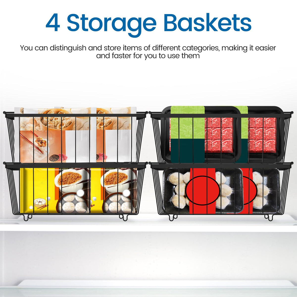 4 Pack Freezer Organizer Bins, Stackable Deep Freezer Organizer Bins, Chest Freezer Baskets for Sorting Frozen Meats and Food, Freezer Storage Basket with Foldable Handles