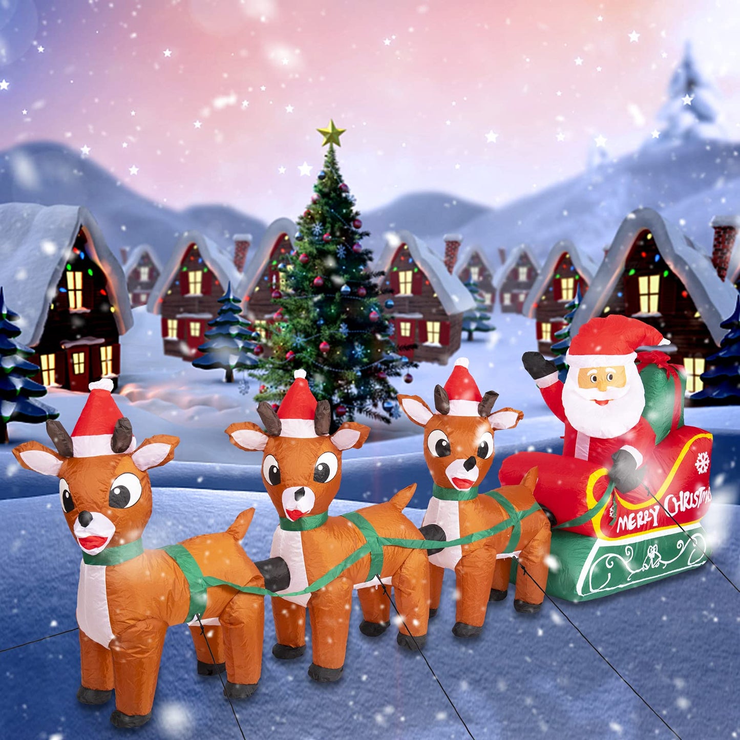 8FT Christmas Inflatables Outdoor Decoration Christmas Blow Up Yard Decorations Inflatable Santa Claus on Sleigh with Reindeers Outdoor Indoor Holiday Lawn Yard Decor