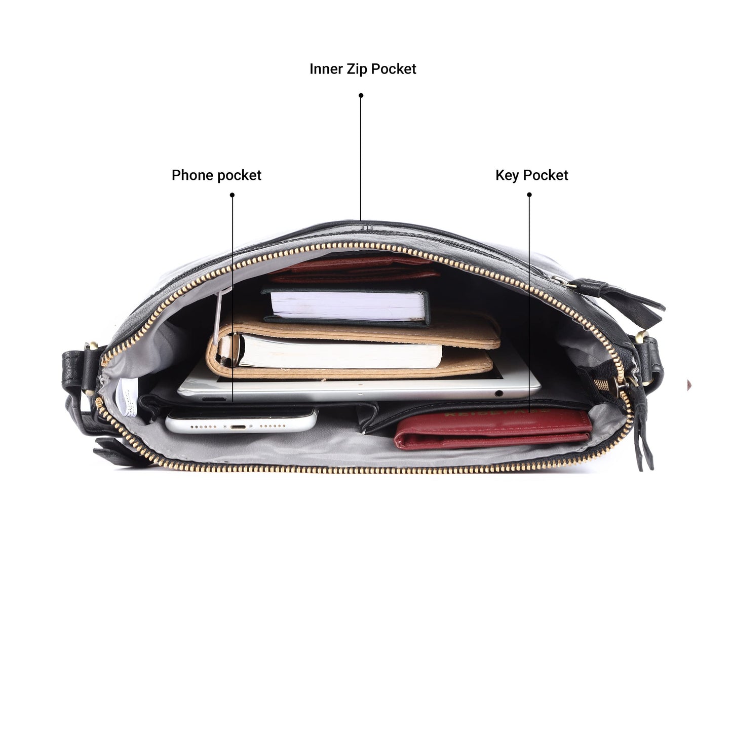 LEDERBUCK Olga Women's Extra-Large Genuine Leather Crossbody Purse – Soft Triple-Zip Shoulder Bag (Black)