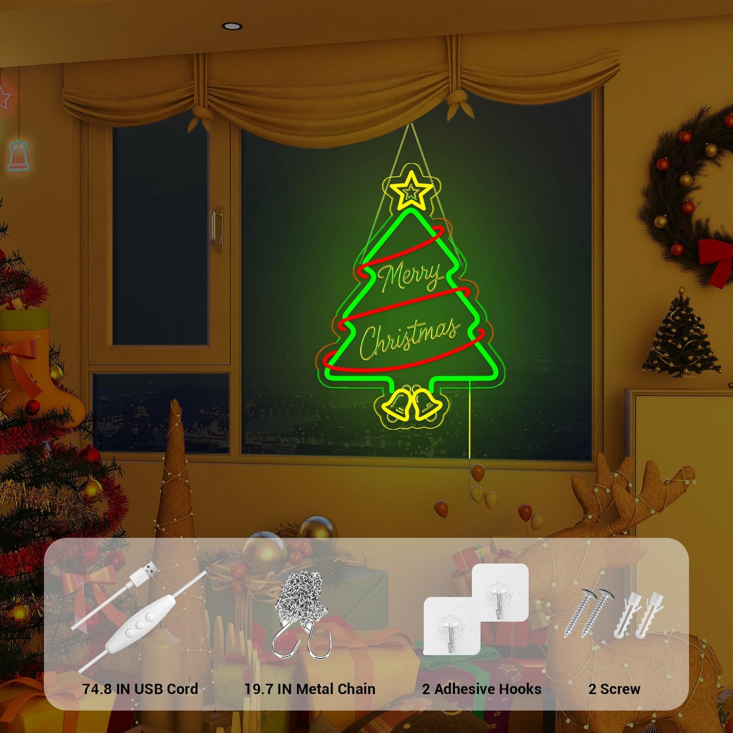 LMHSE Christmas Tree Neon Signs, 16.9" x 12.1" Acrylic LED Neon Sign for Window Lights Bedroom Living Room Home Decorations