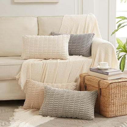 Fancy Homi Tan Lumbar Decorative Throw Pillow Covers 14x24 Inch for Living Room Couch Bed Sofa, Rustic Farmhouse Boho Home Decor, Soft Striped Corduroy Rectangle Cushion Case 35x60 cm