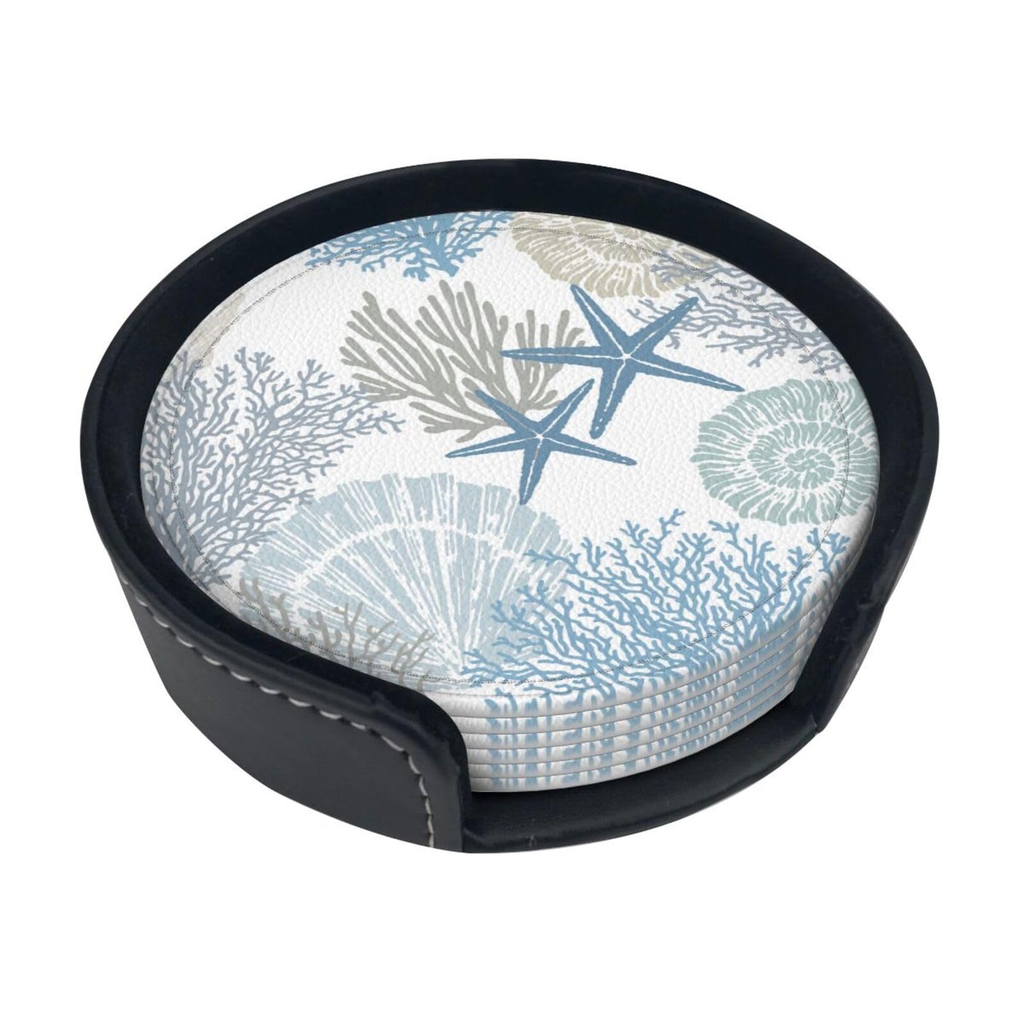 Nautical Sea Shell Star Coral Coastal Coasters for Drinks Round Leather Coaster with Holder Set of 6 for Tabletop Protection Desk Accessories Office Home Room Decor