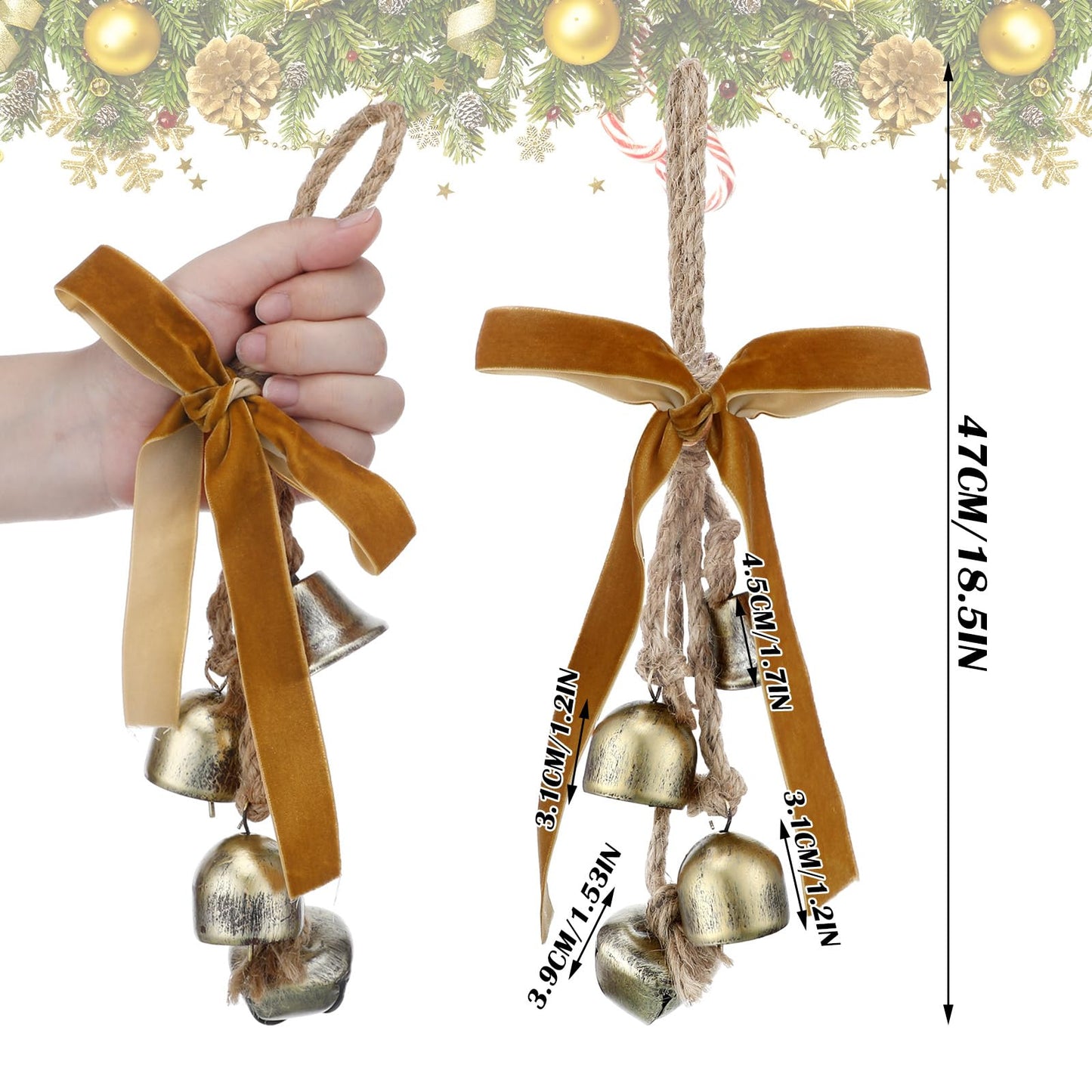 Lukmaa 2 Pcs Rustic Christmas Bells with Neutral Velvet Ribbon Bows Christmas Metal Bells Hanging Ornament Xmas Tree Wall Door Wreath Decoration for Rustic Farmhouse Holiday Decoration