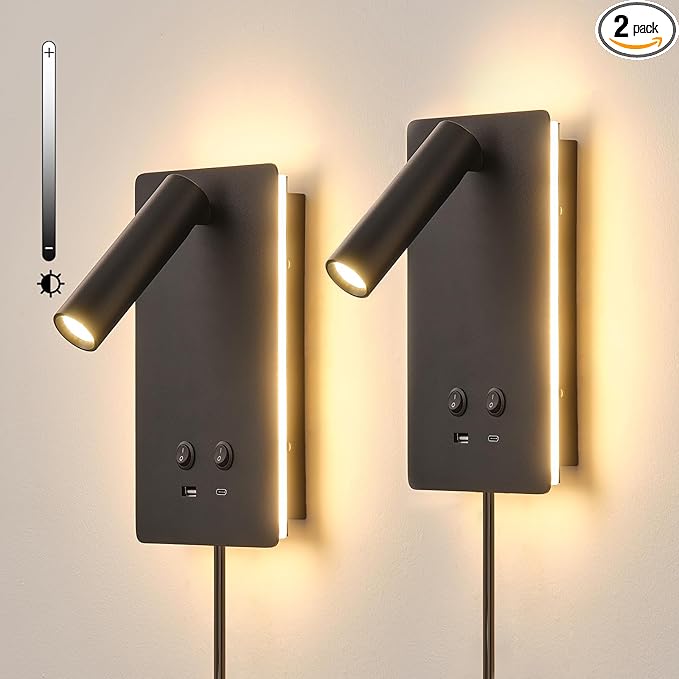 LED Wall Mounted Reading Lights for Books in Bed, Plug in Wall Sconce with USB C+A Ports & 3 Brightness Dimmable, Black Wall Lamps for Bedroom, Headboard Bedside Lamp with 9W+3W Night Light (2 Pack)
