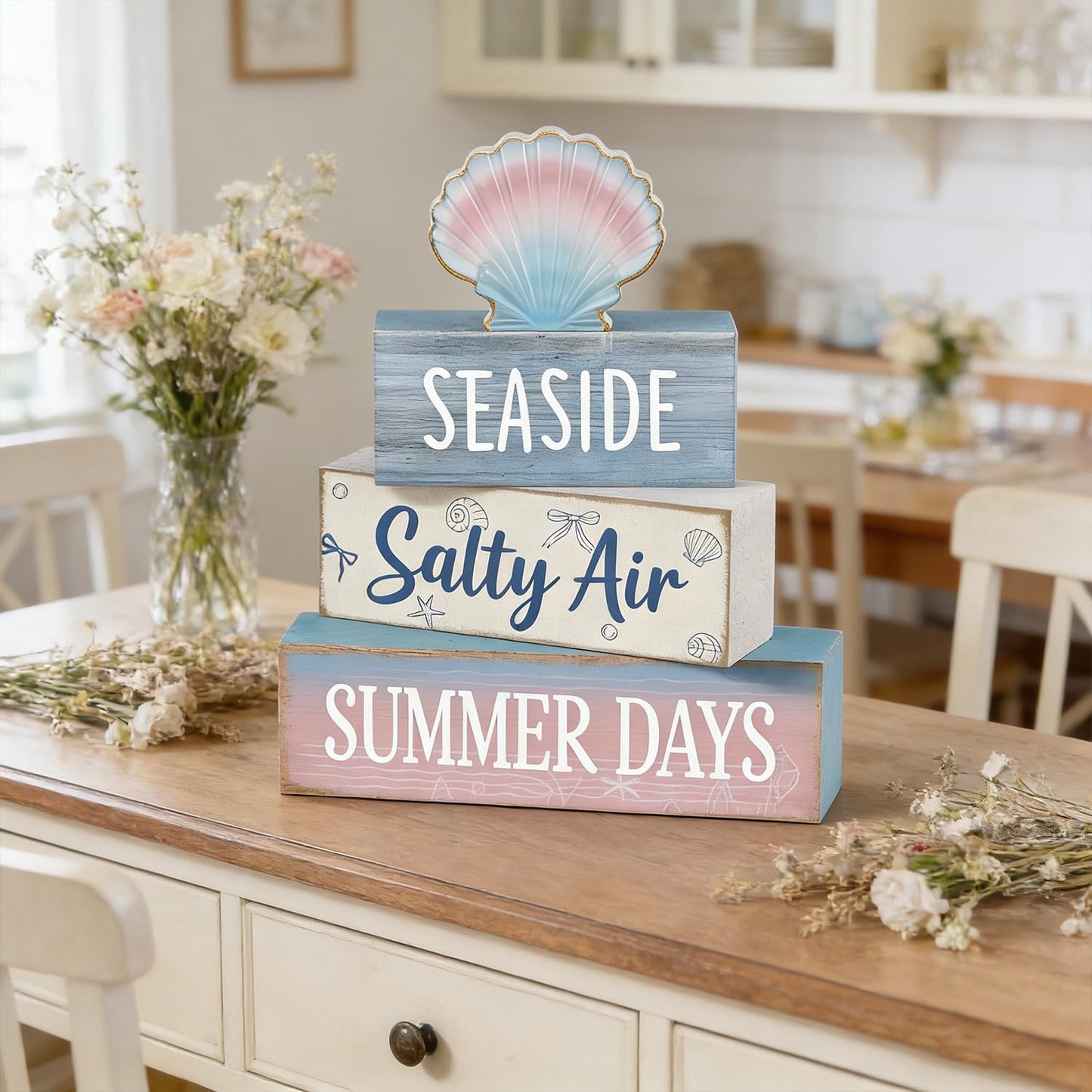 4 Pcs Seaside Beach Tiered Tray Decor Rustic Wooden Nautical Centerpiece with Salty Air Summer Days Sign Farmhouse Coastal Room Decor Summer Tiered Tray Decor