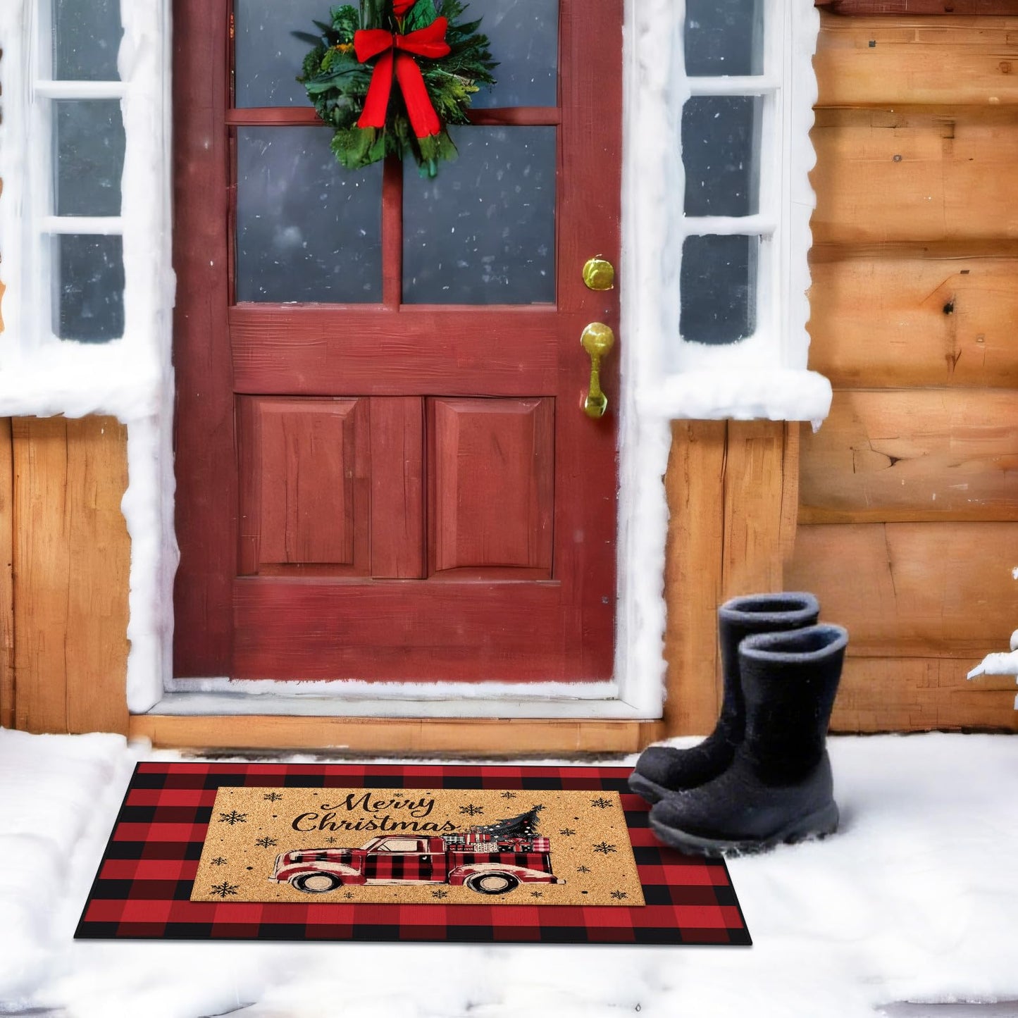 Fourluoo 2 Pcs Christmas Front Porch Rug Buffalo Plaid Christmas Door Mat Imitation Coco Coir Red Truck Xmas Welcome Layering Rug for Outdoor Winter Home Festival Holiday Decor, 28 x 43 Inch