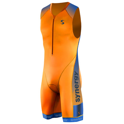 Synergy Triathlon Tri Suit - Men's Elite Sleeveless Trisuit (Neon Tangerine/Sky, Large)