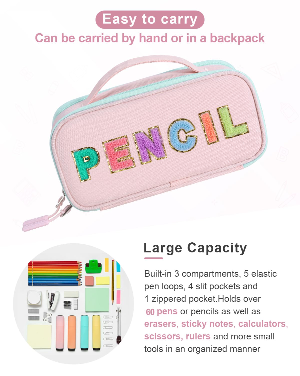 Amersun Large Capacity Pencil Case Pouch for Girl, Student, Women, Teen - Multi-Compartment, High Storage, Marker Pen Stationery Box Bag Organizer Holder for School College Office (Pink)