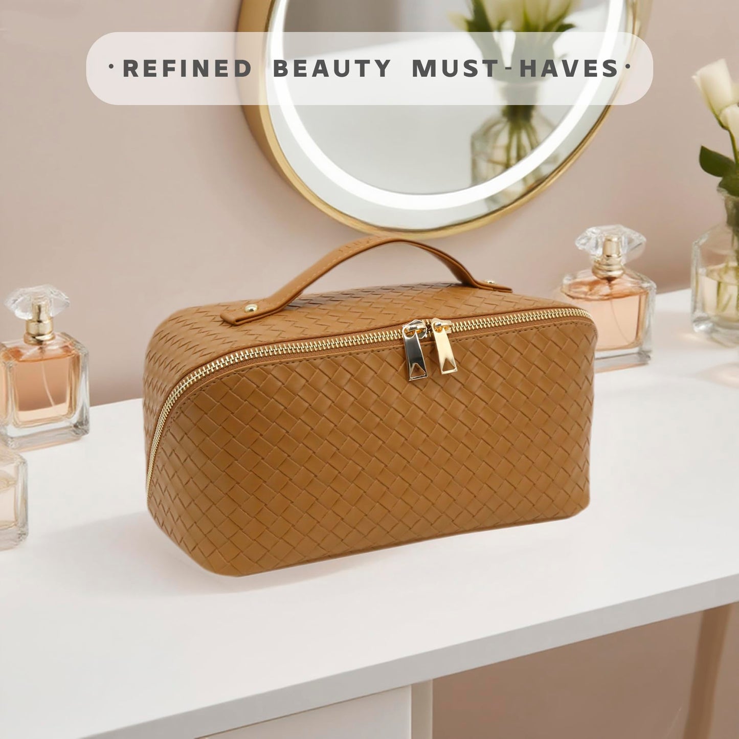JINYIBAGS Travel Makeup Bag – Large Cosmetic Organizer with Waterproof PU Leather, Smooth Double Zipper & Tear-Resistant Lining, Toiletry Pouch for Women (Caramel)
