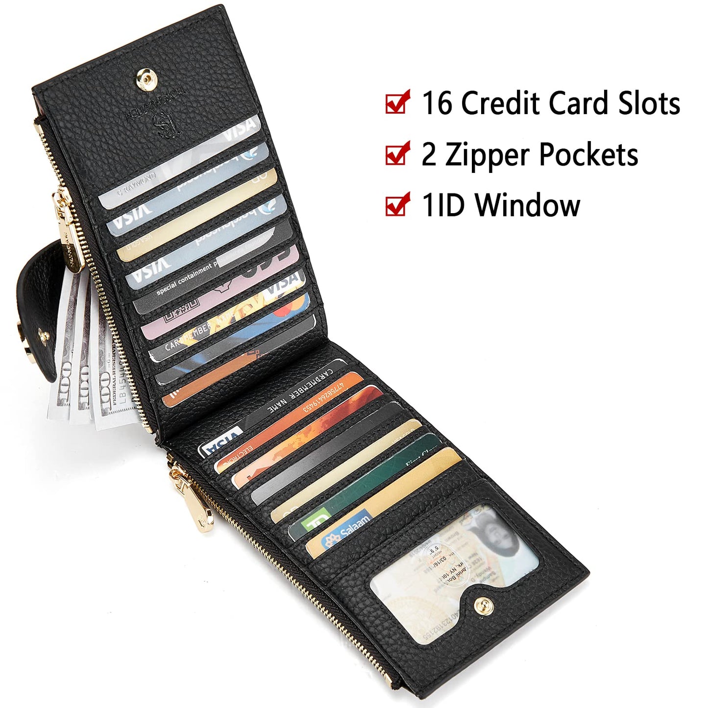 BOSTANTEN Leather Wallets for Women Large RFID Blocking Slim Bifold Purse Card Holder with Zipper Pocket Black