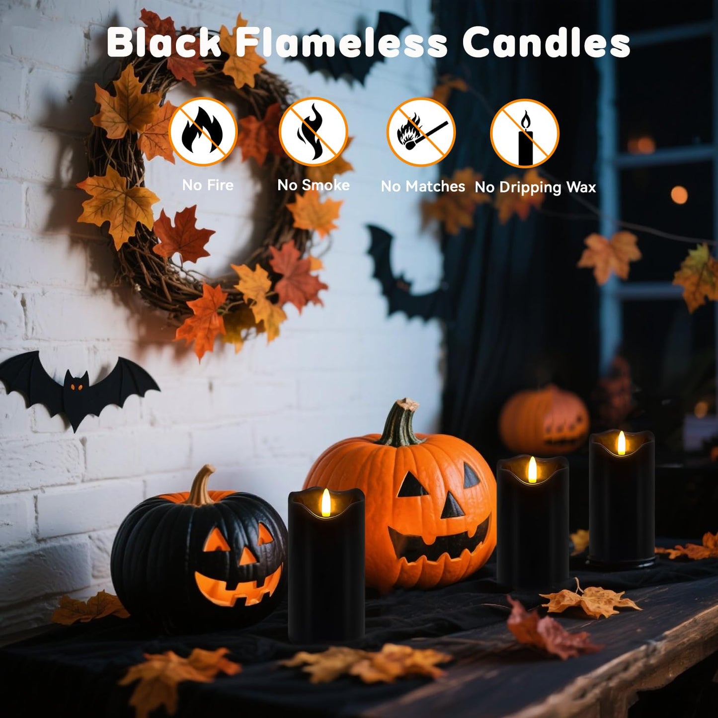 Black Flameless Candles, Set of 2 6"x3" Flickering LED Candles with Remote & Timer, Dimmable Real Wax Electric Pillar Candles Battery Operated, Flameless Candles Light for Home Halloween Decor (Black)