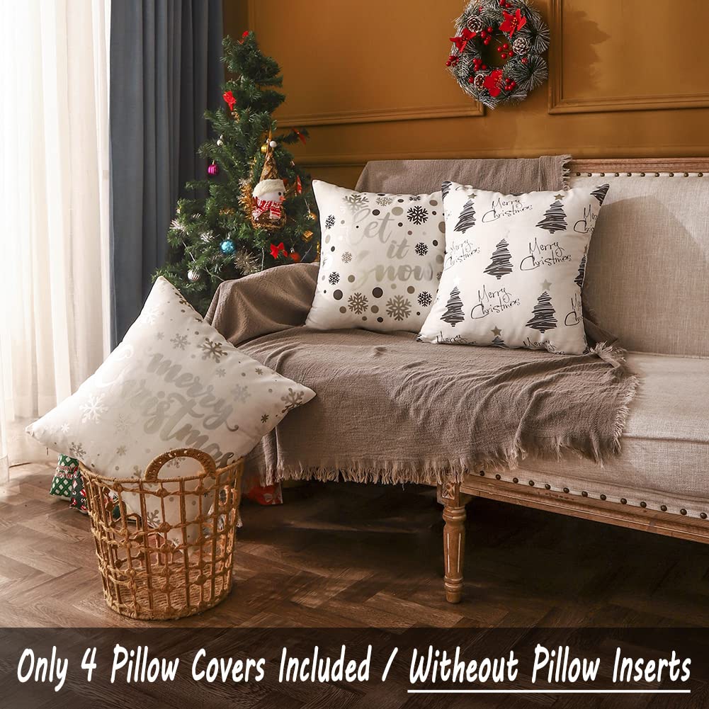 JOJOGOGO Christmas Decorations Silver and White Christmas Pillow Covers 18x18 Set of 4, Silver Xmas Decor Snowflake Christmas Tree Let It Snow Decorative Throw Pillows for Bedding Couch Sofa