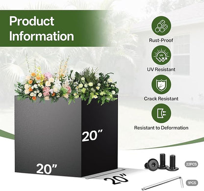 Metal Planter Box, 20" x 20"x 20", Heavy-Duty Galvanized Steel Outdoor Planter with Drainage Holes, Rectangular Planter for porches, Gardens, patios, and courtyards，Black