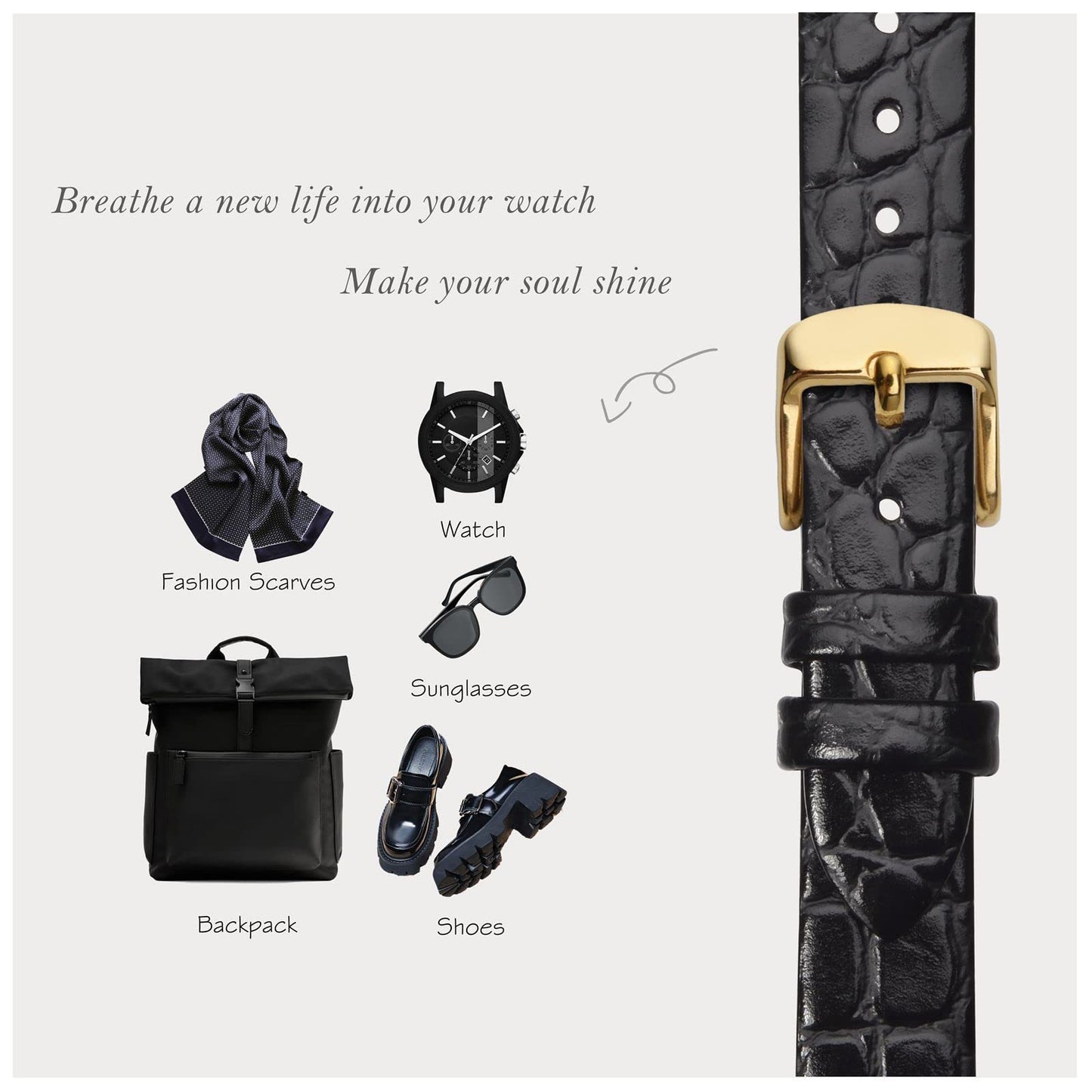 BISONSTRAP Watch Straps for Women, Crocodile Pattern Leather Thin Watch Replacement Bands,12mm, Black with Gold Buckle
