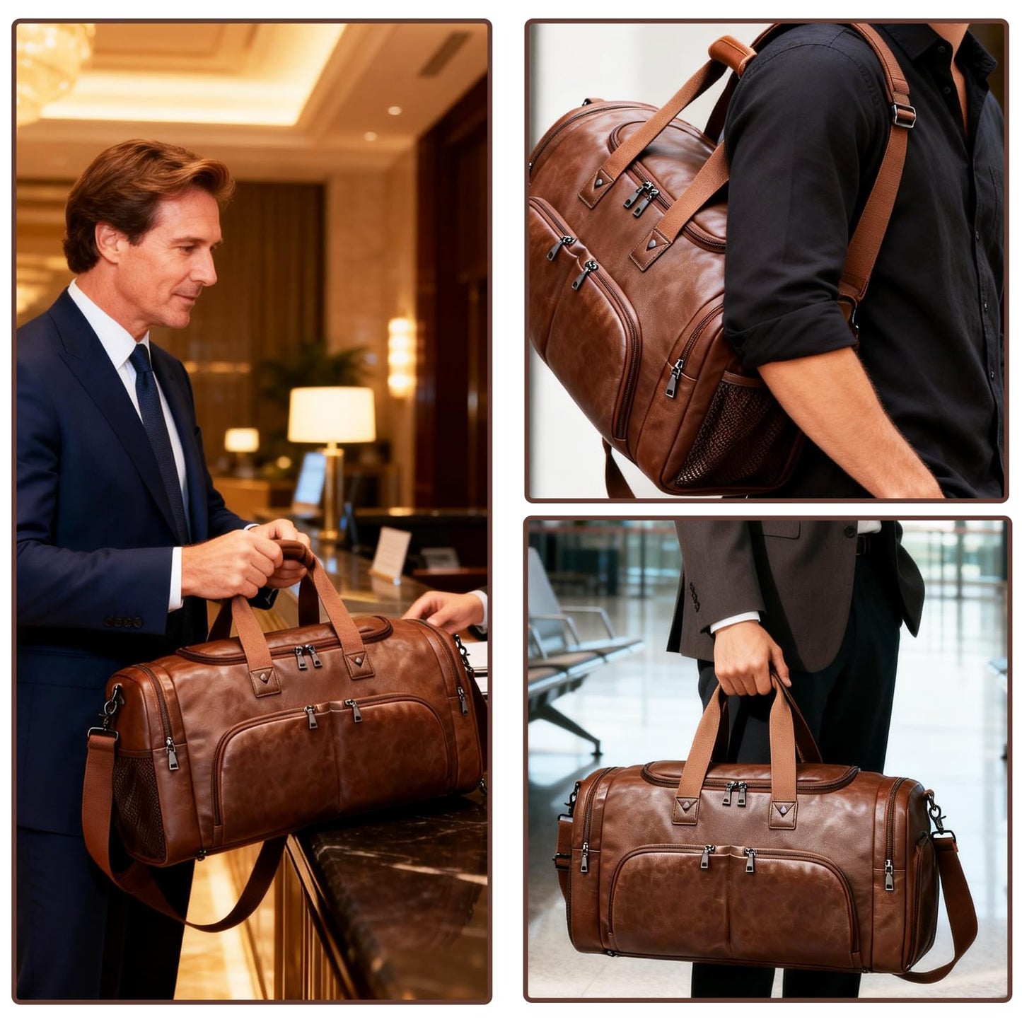 Leather Travel Duffle Bags for Men Women, Weekender Overnight Bag with Shoe Compartment Waterproof Carry on Duffle Bags for Airplanes Gym Sport Business Bag
