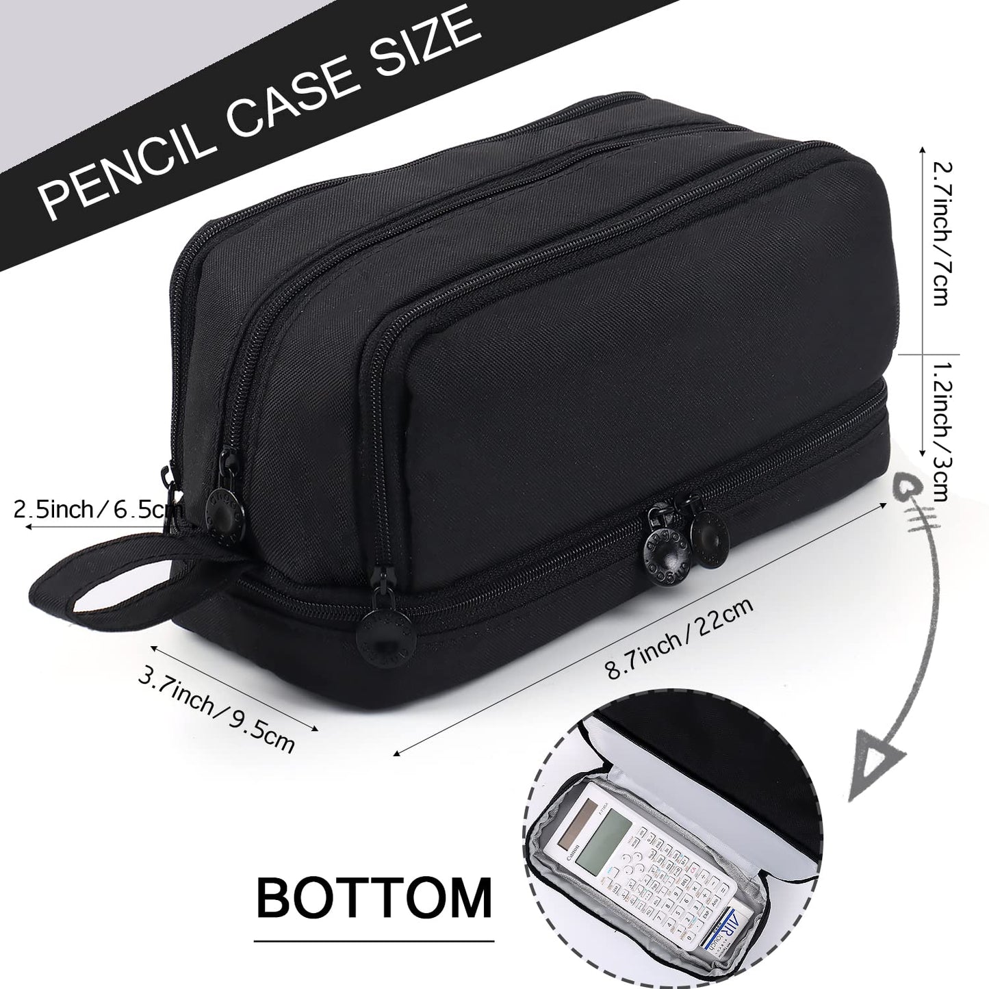 MAMUNU Large Capacity Pencil Case 4 Compartments, Pencil Pouch Bag with Zipper Portable Handle, Pen Case Bag Stationery Organizer for Office College School Adults Teen Girls Boys Men Women, Black