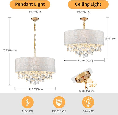 6-Lights Drum Capiz Shell Crystal Chandeliers, Coastal Style Pendant Light Fixture for Dining Room, Living Room, D24 x H23~71 inch(Adjustable), Shell Lampshade & Gold Finish