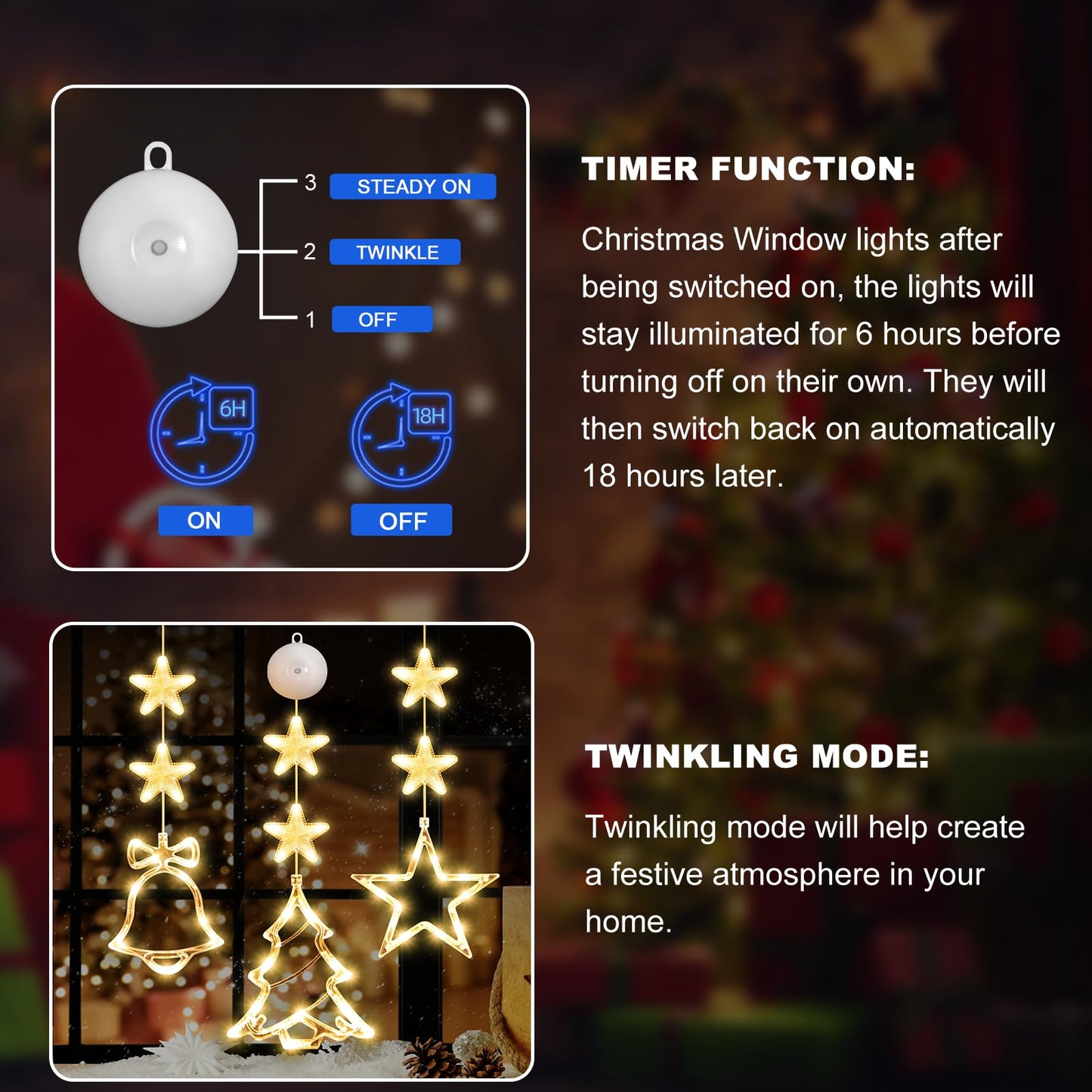 LYUBASA [Timer 3Pcs Christmas Window Lights Decorations,Battery Powered Christmas Hanging Warm White Lighted Tree Bell Star Shaped LED Sucker for Xmas Tree Fireplace Indoor Outdoor Decor