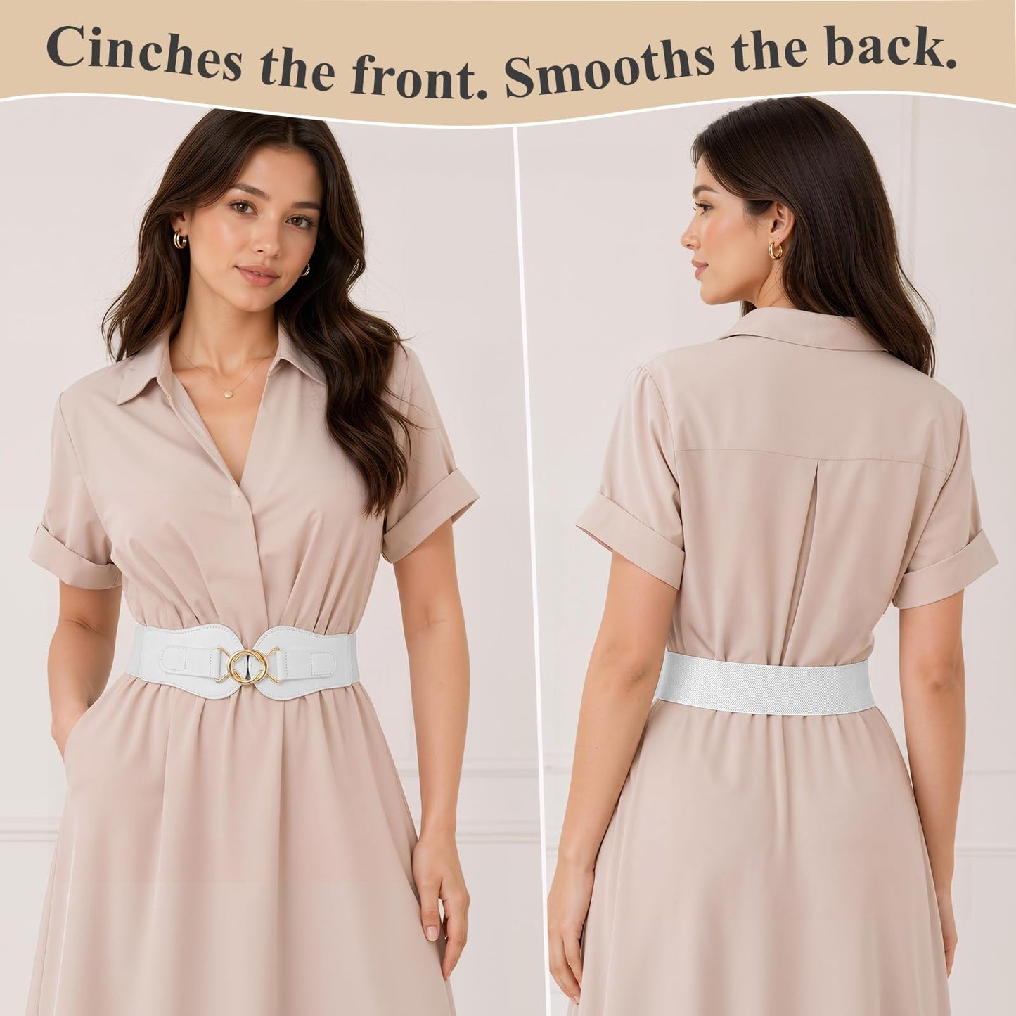 Womens Wide Waist Belt for Dresses High-Resilience Stretchy Woven Elastic Belt with Anti-Scratch Gold-Tone Interlocking Buckle for Office Date Modern Outfits