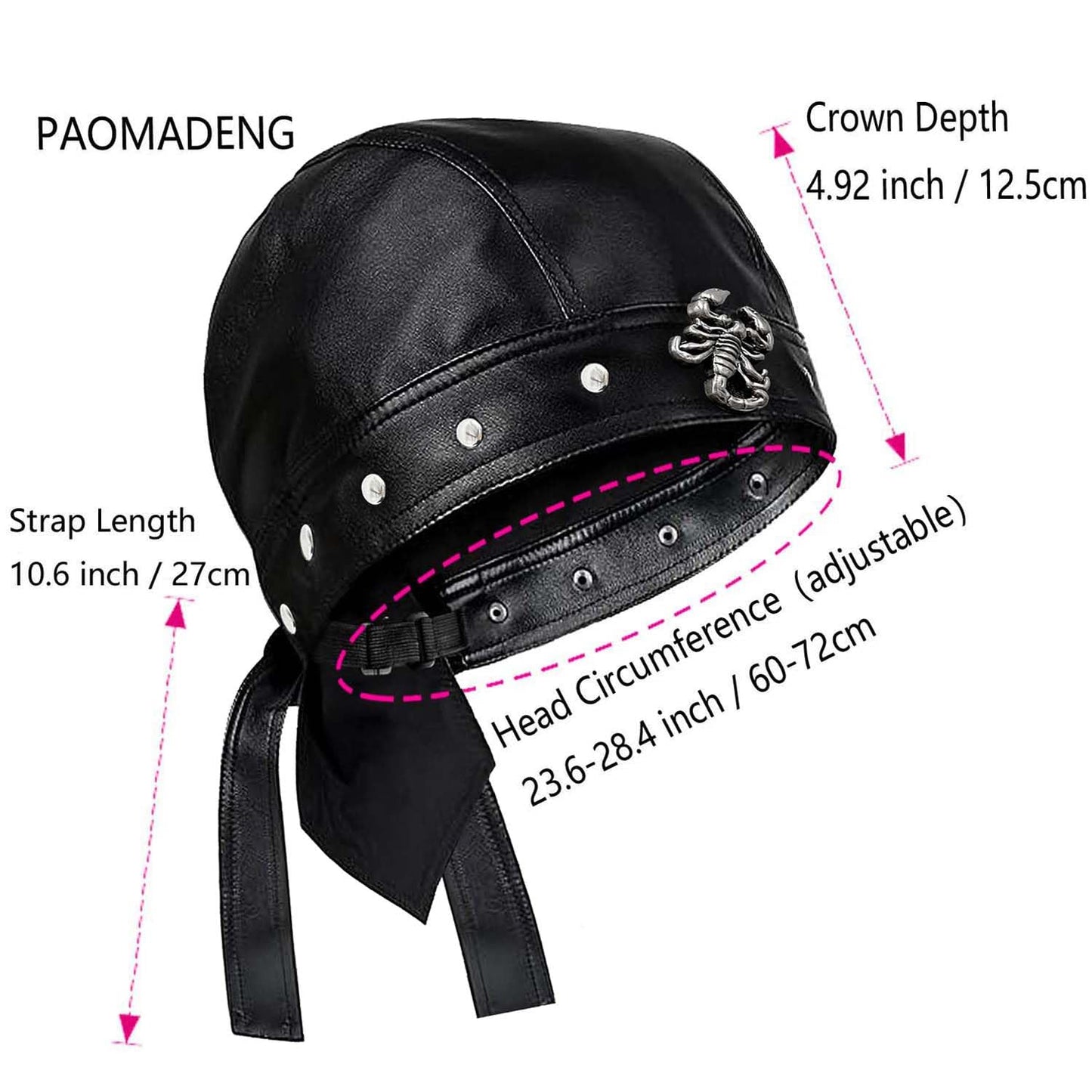 Punk Biker Leather Cap with Necklace for Women Skull Motorcycle Hat with Snug Fit, Stylish Biker Head Wrap & Riding Cap for Badass Look Adjustable Black