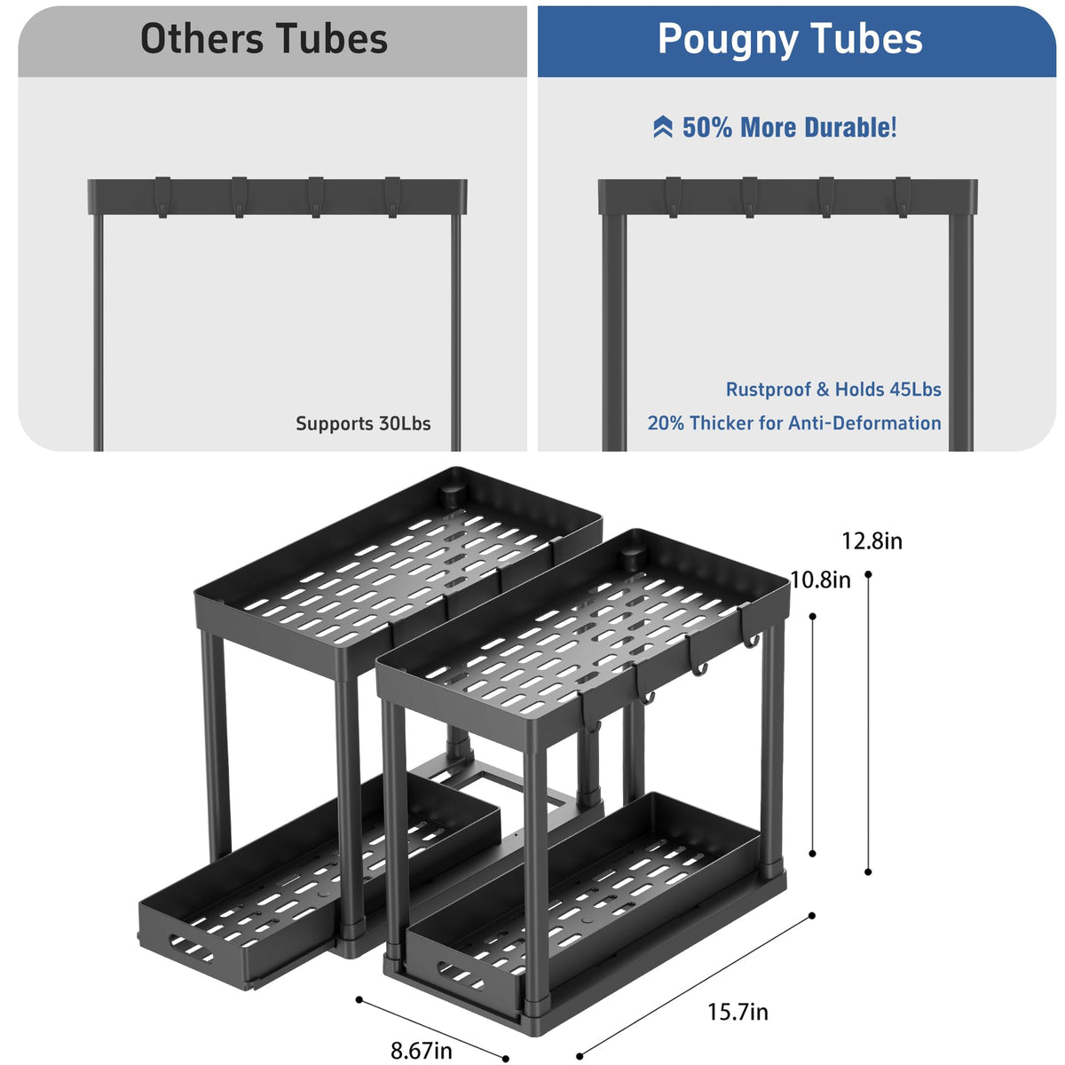 2PC Under Sink Organizer Rack 2 Tier Under Sliding Cabinet Basket Organizer Drawer with 4 Hooks, Multi-purpose Under Sink Storage for Bathroom Kitchen Desktop（Black）