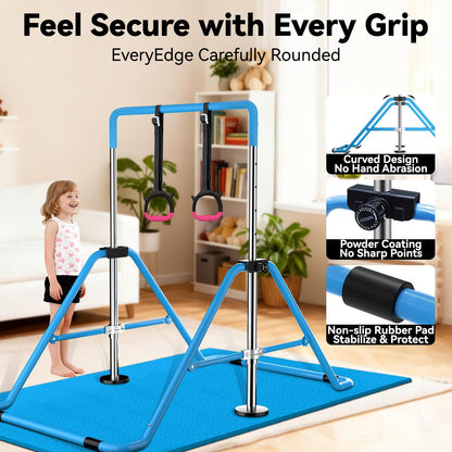 WATBKHE Gymnastics Bar for Kids Adjustable & Foldable Training Kip Bar with Rings, Sturdy Horizontal Bar for Boys & Girls, Expandable Gymnastics Equipment for Home Practice Blue