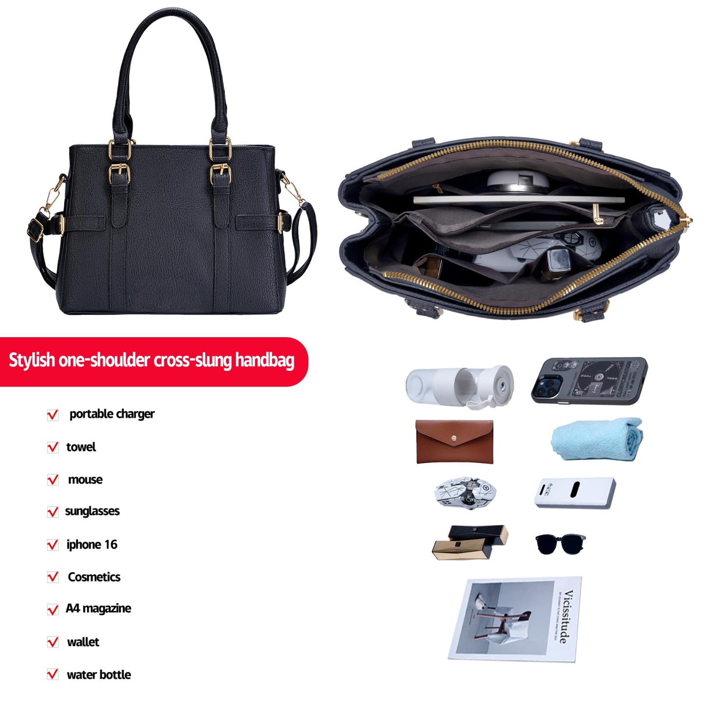Tigpoy Black Purses for Women, Purses and Handbags Set Fashion Leather Shoulder Tote Work Bag for Women Ladies Top Handle Satchel 2PCS (Black)