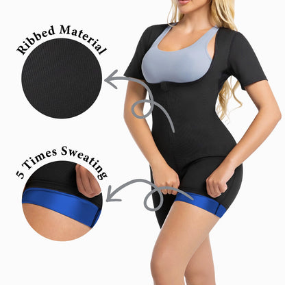 Meiosuns Sauna Suit for Women Ribbed Full Body Sweat Suits Weight Loss Jumpsuit Waist Trainer Shaper 4 in 1 Slimming Heat Trapping Sweat Shirt for Belly Fat Workout Gym Shapewear (Blue, M)