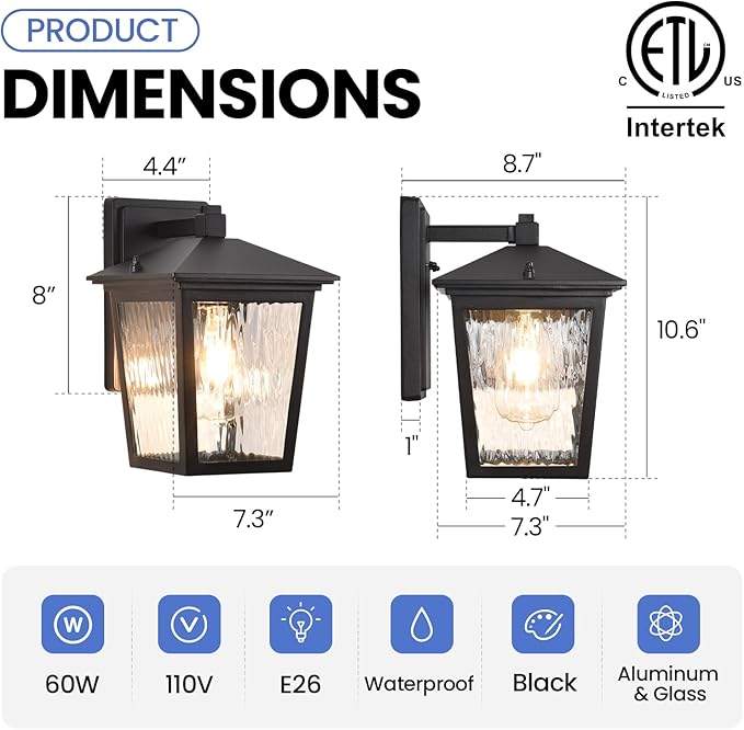 Outdoor Wall Light, Exterior Waterproof Wall Sconce in Black, Anti-Rust Outdoor Light Fixture with Water Glass, Modern Outdoor Wall Lantern for House Balcony Entryway Garage