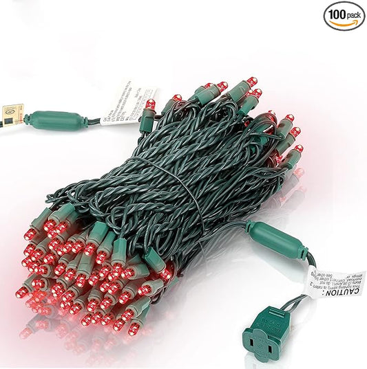 100 Counts LED Christmas Lights - 50 ft 5mm Red Commercial Grade Waterproof Indoor/Outdoor String Lights, Green Wire Mini Lights for Tree Decorations, UL, IP:65