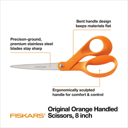 Fiskars 8" Original Orange-Handled Stainless Steel Scissors, Ergonomic and Keeps Material Flat, Sharp All-Purpose Paper and Fabric Scissors for Office, Arts, and Crafts
