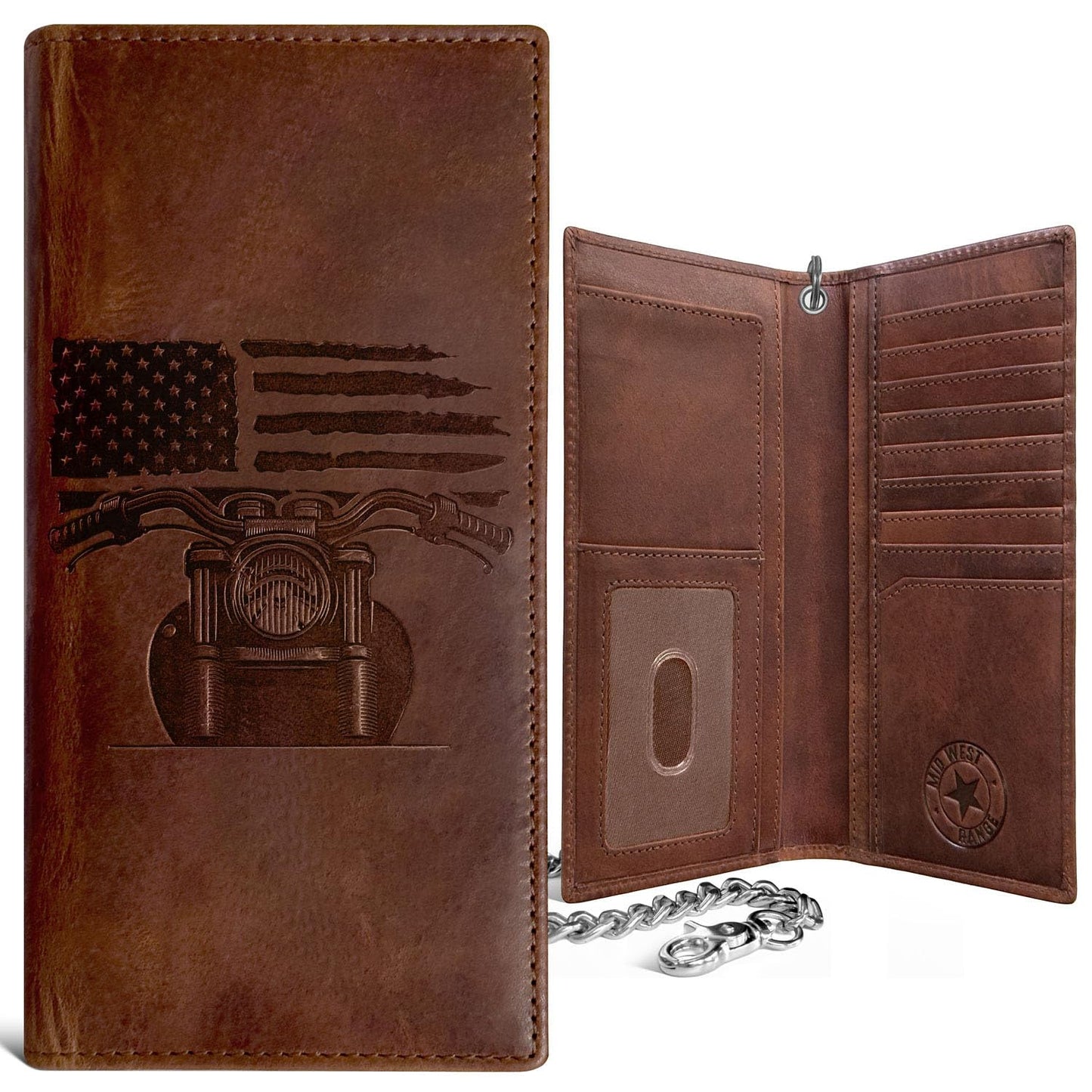 Father's Day Wallet - Tall Wallet w. Chain for Men, Patriotic Biker – Distressed Brown Leather, RFID Blocking, 10 Card Slots with ID Holder, Embossed Motorcycle & American Flag Design, 100% Leather.