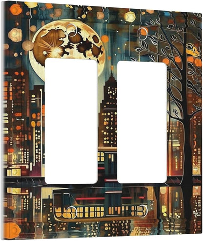 City Light Moon Bus Abstract Art Dual Outlet Covers Wall Plate 2 Gang Rocker Decora Decorative Switchplate Electrical Faceplate GFCI Light Switch Covers for Farmhouse Living Decor