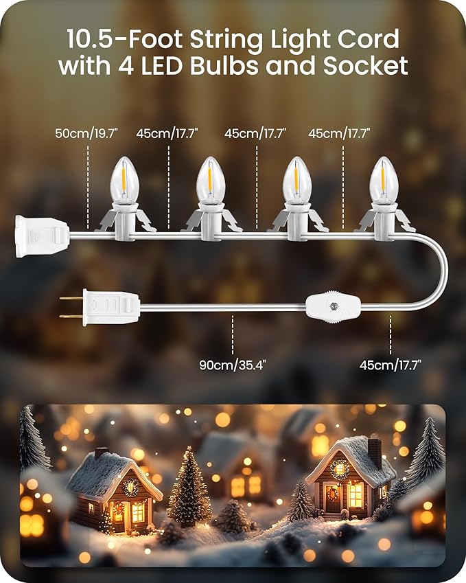 Christmas Village Lights, Decoration String Lights 10.5Ft with 4 C7 LED Bulbs, Warm White, with Male and Female Plugs, for Christmas Snow House,Pumpkin Crafts,Holiday Decoration W03VL05