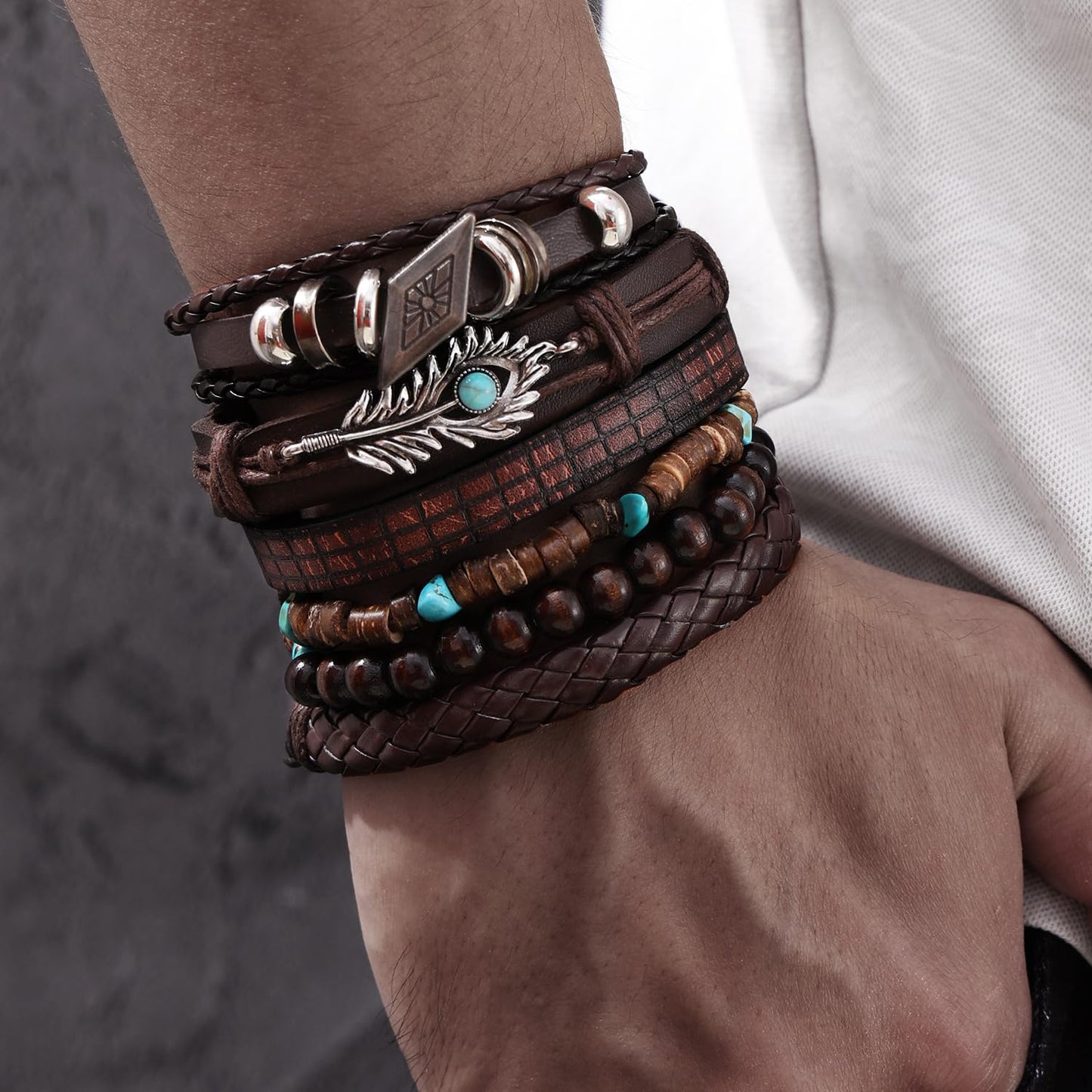 KISS WIFE Leather Bracelet for Men, 4 Packs Punk Bracelets Set, PU Braided Wrap Wristband Skull Skeleton Rock Emo Jewelry Accessories Adjustable Black Brown