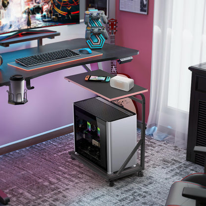 FUSLITE Ergonomic Height Adjustable Computer Tower Stand, 2-Tier CPU Holder Cart Under Desk, PC Floor Stand for Office Gaming Room, Black and Pink