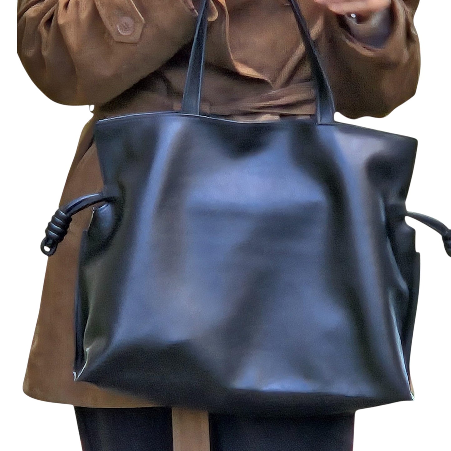 CLARANY Leather Drawstring Tote Bag, Black Genuine Leather Shoulder Bag with Magnetic Snap Closure, Elegant Travel Work Handbag