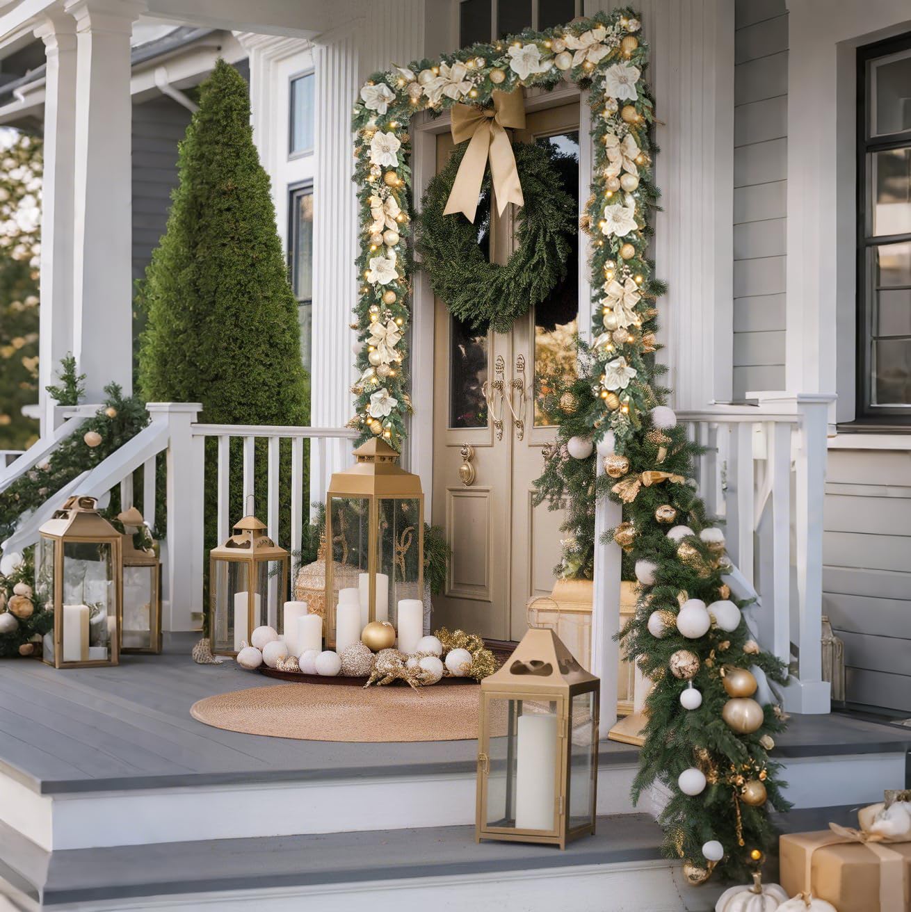 6ft White and Gold Christmas Garland with 25 LED Lights with Timer, prelit champgn Gold Garland with Magnolia and Plenty Ornament,Festive Lighted Decor for Front Door, Mantel, Stair & Fireplace