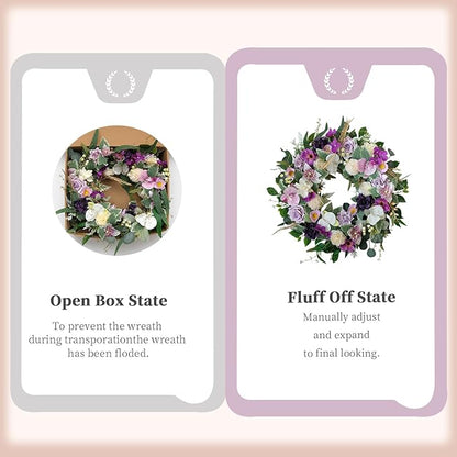 22" Artificial Flower Wreath Spring/Summer Floral Wreaths for Front Door with Roses Orchid Gardenia Dahlia Full and Elegant Decor for Inside Outside Wall Window Festival Party Wedding （White Purple）