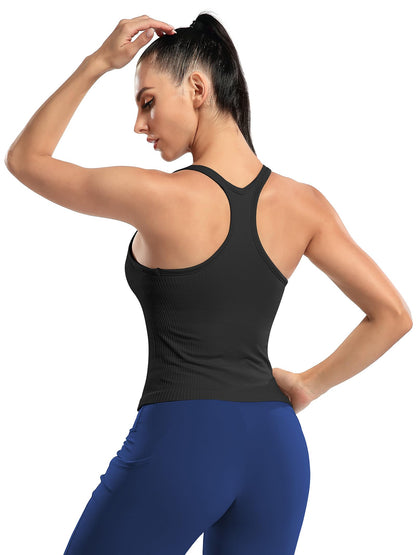 ATTRACO Ribflex Women's Athletic Tank Tops Longline Sports Bra Workout Cropped Top Black M