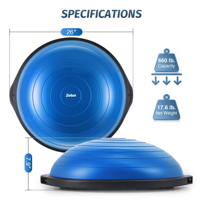 ZELUS 25in. Balance Ball | 600lb Inflatable Half Exercise Ball Wobble Board Balance Trainer w Nonslip Base | Half Yoga Ball Strength Training Equipment w 2 Bands, Pump, Extra Ball Included (Blue)