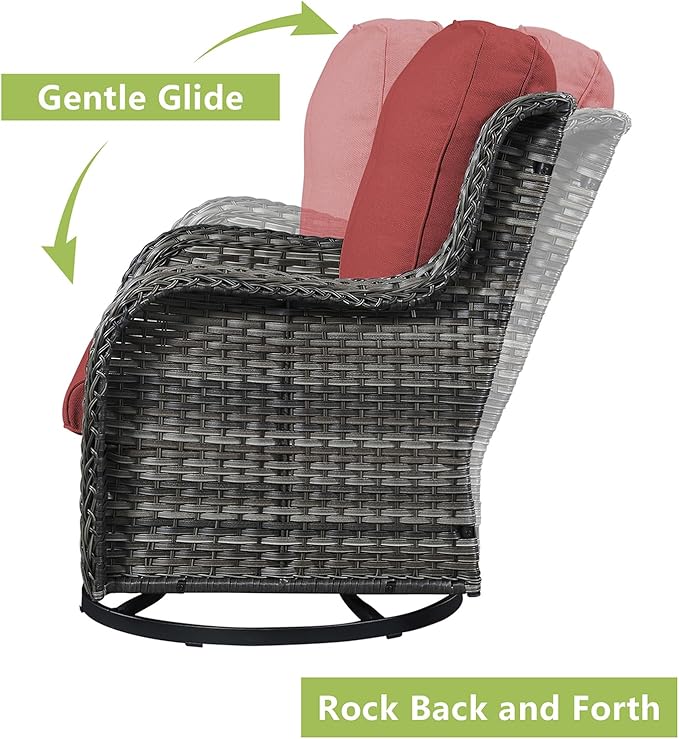 Rilyson Patio Furniture Swivel Chairs Set - 7 Piece Wicker Rattan Outdoor Sectional Conversation Sets with 4 Swivel Rocking Chairs,2 Ottomans and 1 Sofa for Porch Deck Garden(Mixed Grey/Red)