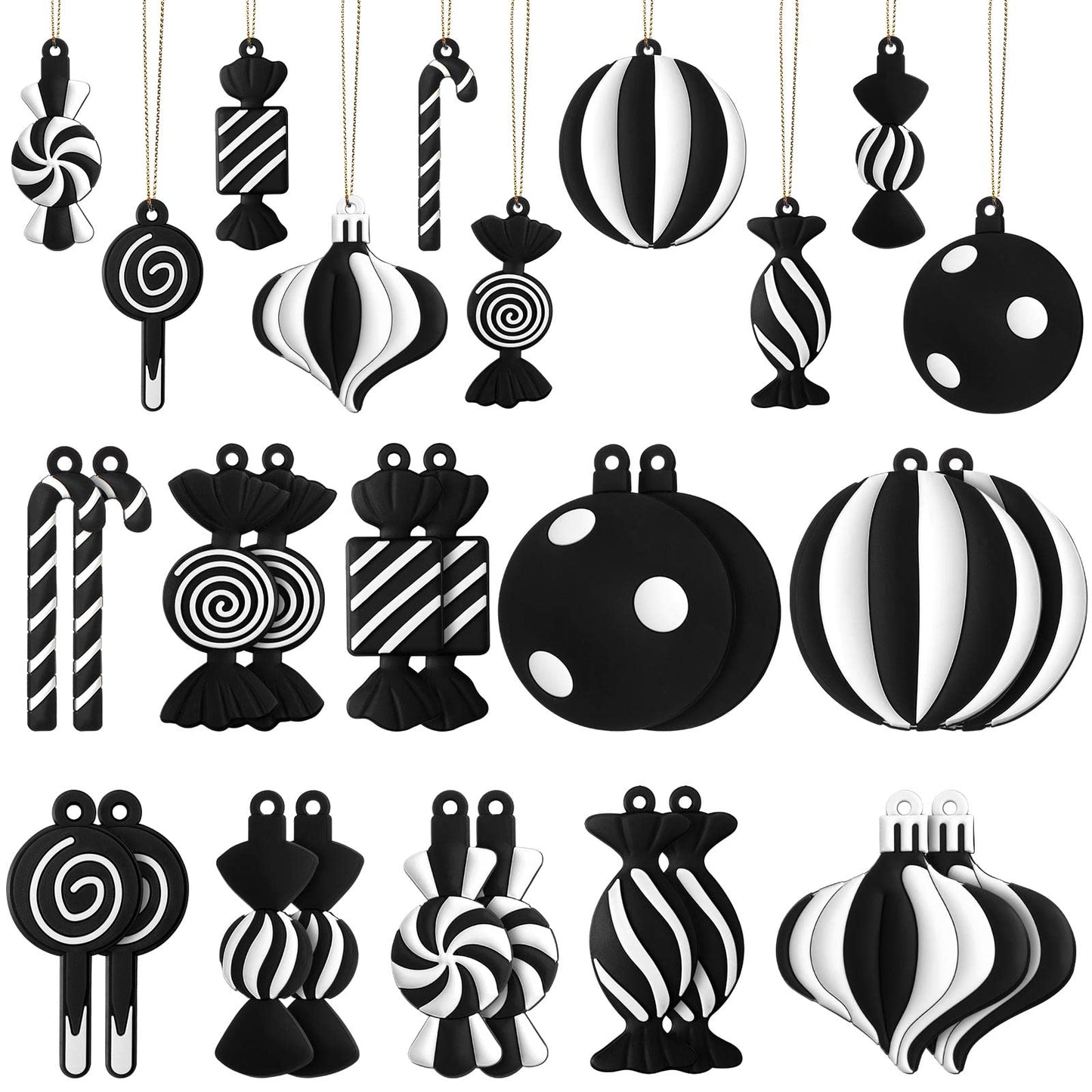 Panelee 20 Pcs Christmas Candy Tree Ornaments PVC Christmas Candy Cane Lollipop Ornament Xmas Hanging Decors Birthday Party Decoration Crafts for Holiday Xmas Tree Party (Black and White)