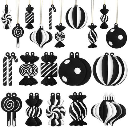 Panelee 20 Pcs Christmas Candy Tree Ornaments PVC Christmas Candy Cane Lollipop Ornament Xmas Hanging Decors Birthday Party Decoration Crafts for Holiday Xmas Tree Party (Black and White)