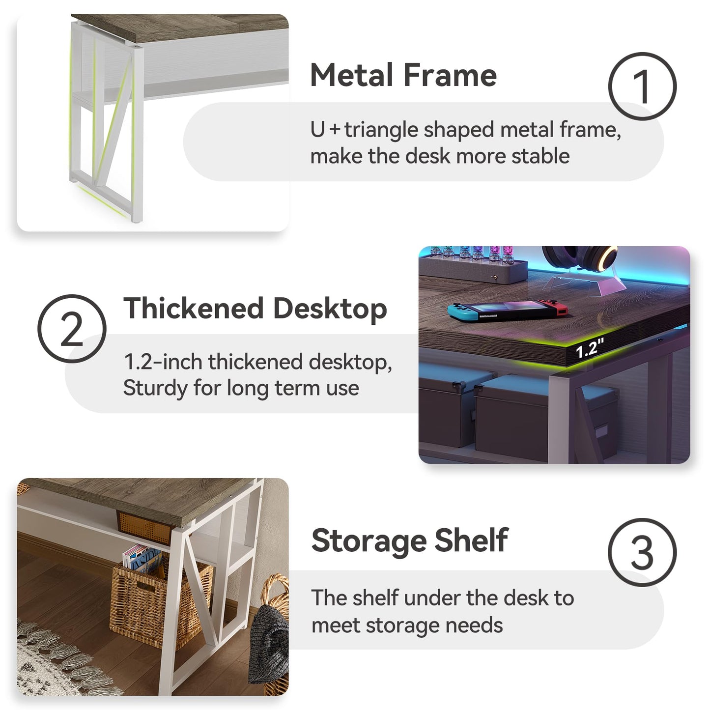 LITTLE TREE 63-Inch Executive Office Desk, Large Computer Desk with Storage Shelf, Executive Desk with Metal Frame, Thickened Desktop, Study Writing Desk Work Station for Home Office, Grey + White